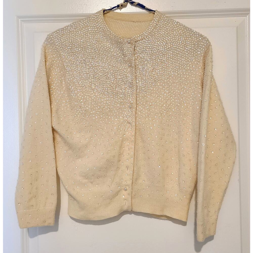 Sweater Cardigan Womens Hand Beaded Cropped Vintage 80s XS Cream Yellow Sparkle